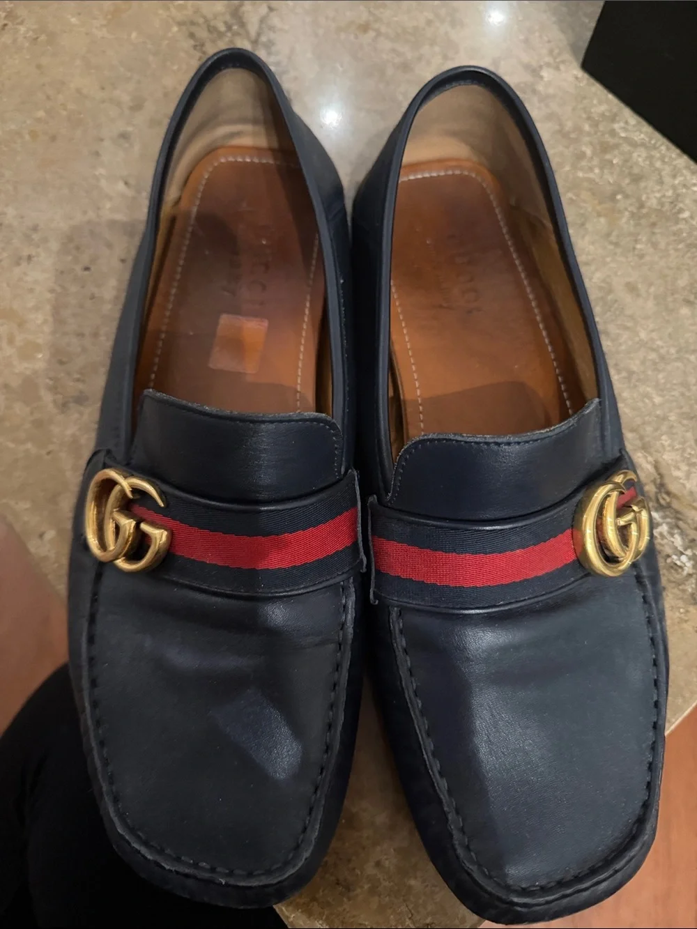 Gucci Men’s Navy Leather Loafers with Red Web Stripe